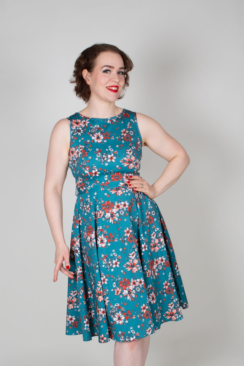 Hepburn Teal Floral Kellomekko-Lady Vintage-Miss Windy Shop