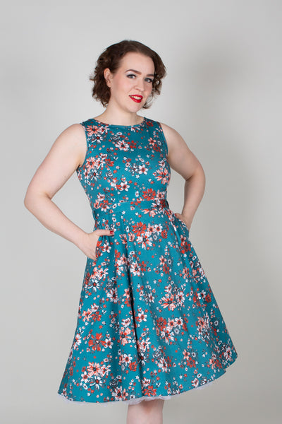 Hepburn Teal Floral Kellomekko-Lady Vintage-Miss Windy Shop