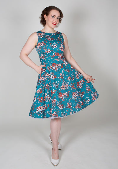 Hepburn Teal Floral Kellomekko-Lady Vintage-Miss Windy Shop