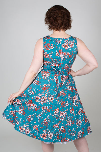 Hepburn Teal Floral Kellomekko-Lady Vintage-Miss Windy Shop