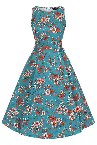 Hepburn Teal Floral Kellomekko-Miss Windy Shop-Miss Windy Shop